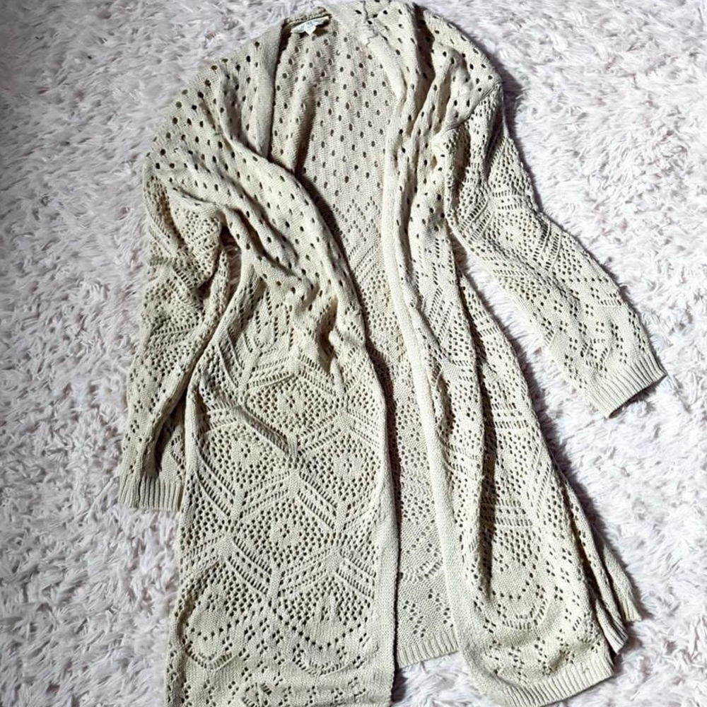 Open Knit Crotchet Oatmeal Boho Earthy Cottage Core Long Cardigan Womens S Indie